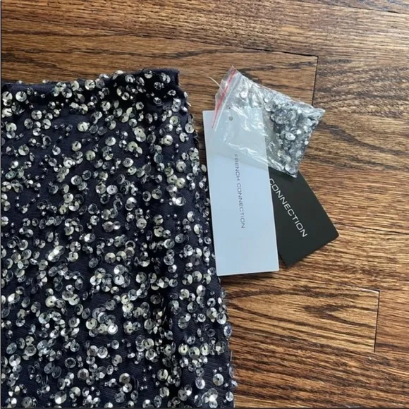 French Connection Eero Sequin Mini Skirt in Navy Silver Combo NWT