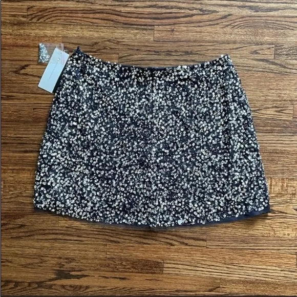 French Connection Eero Sequin Mini Skirt in Navy Silver Combo NWT