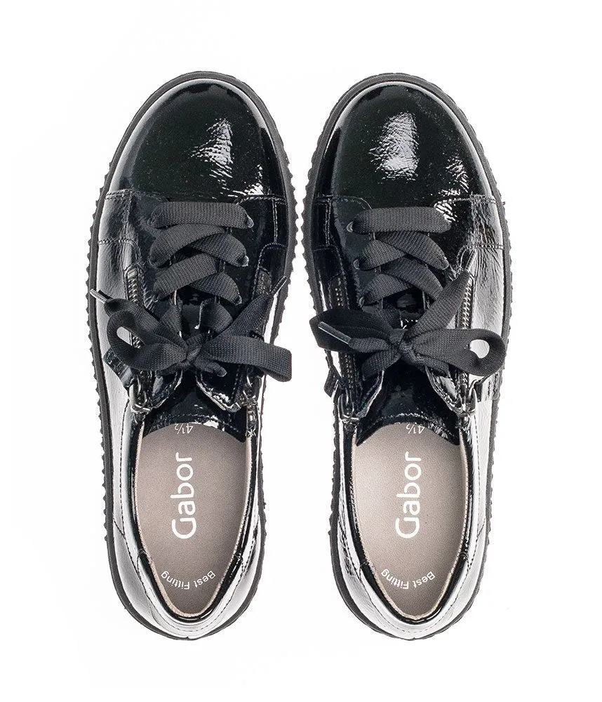 Gabor Low Top Double Zip Black Patent Sneaker