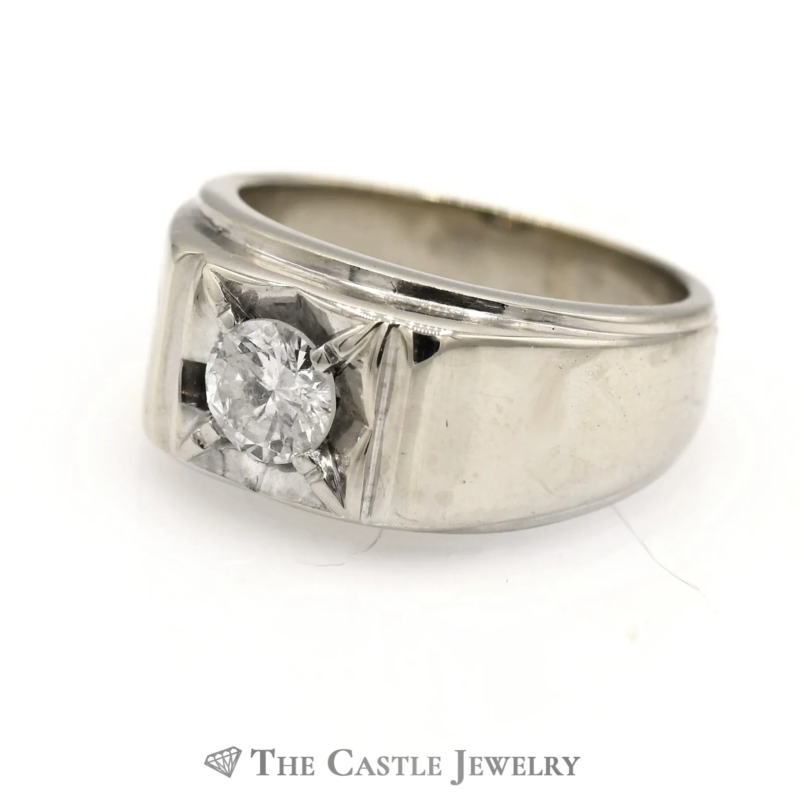 Gent's .75 Carat Solitaire Round Brilliant Cut Diamond Ring In 14KT White Gold