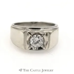 Gent's .75 Carat Solitaire Round Brilliant Cut Diamond Ring In 14KT White Gold