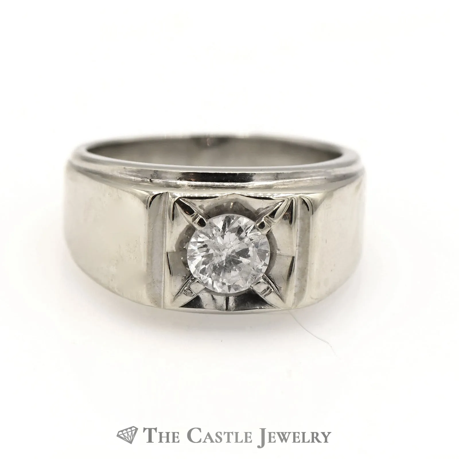 Gent's .75 Carat Solitaire Round Brilliant Cut Diamond Ring In 14KT White Gold