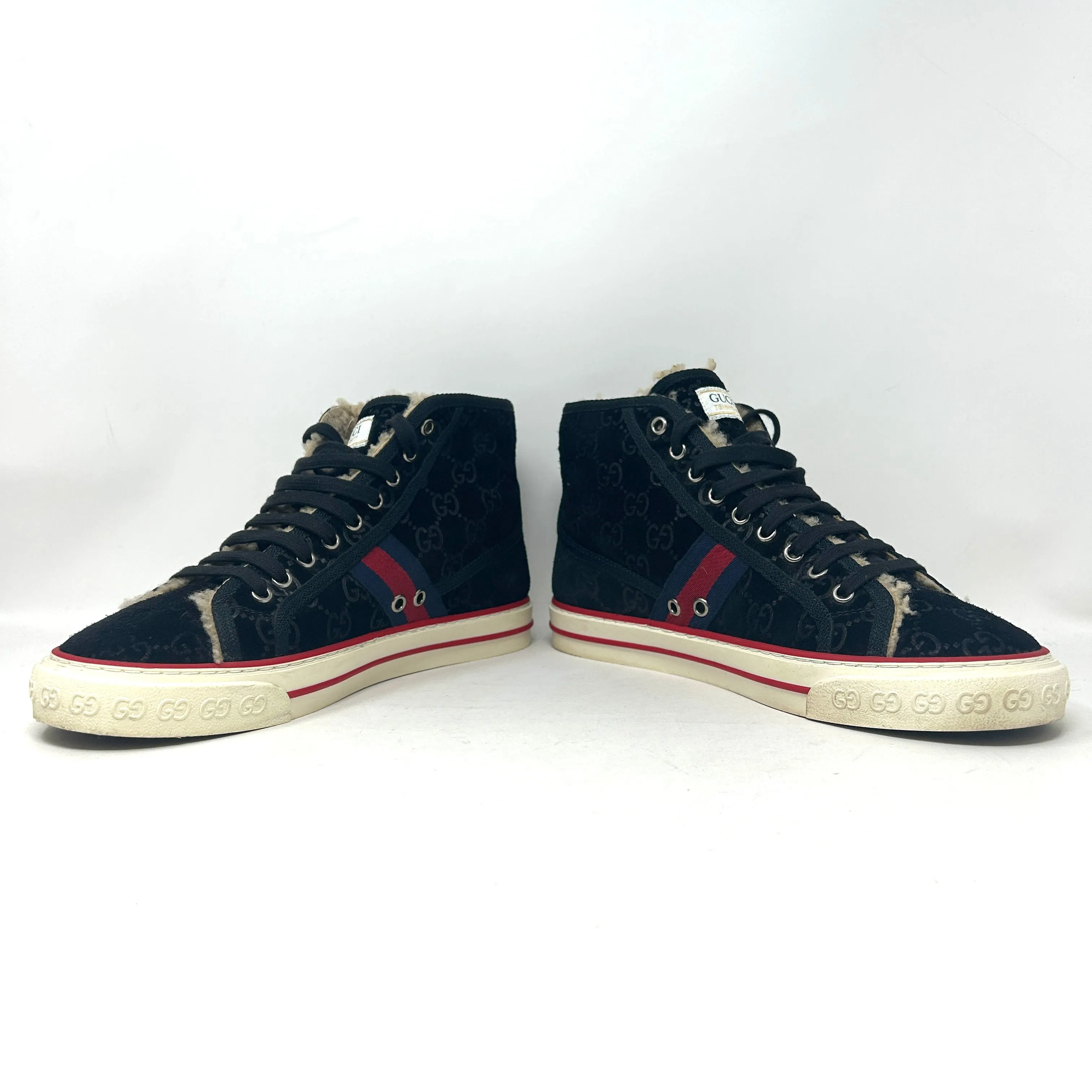 Gucci Tennis 1977 Mens Black Suede Monogram Shearling High Sneakers Boots 40.5 UK 6.5