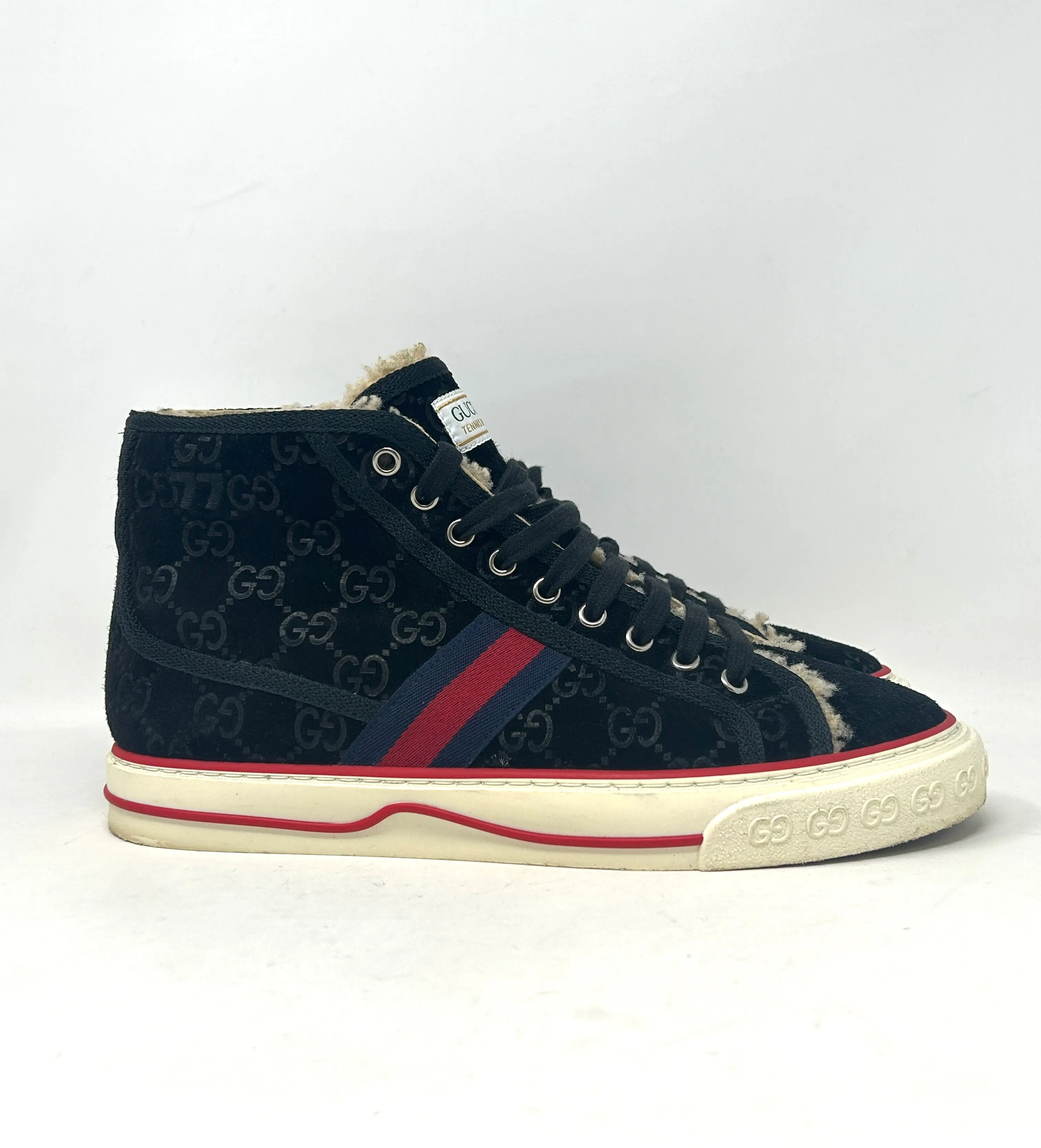 Gucci Tennis 1977 Mens Black Suede Monogram Shearling High Sneakers Boots 40.5 UK 6.5