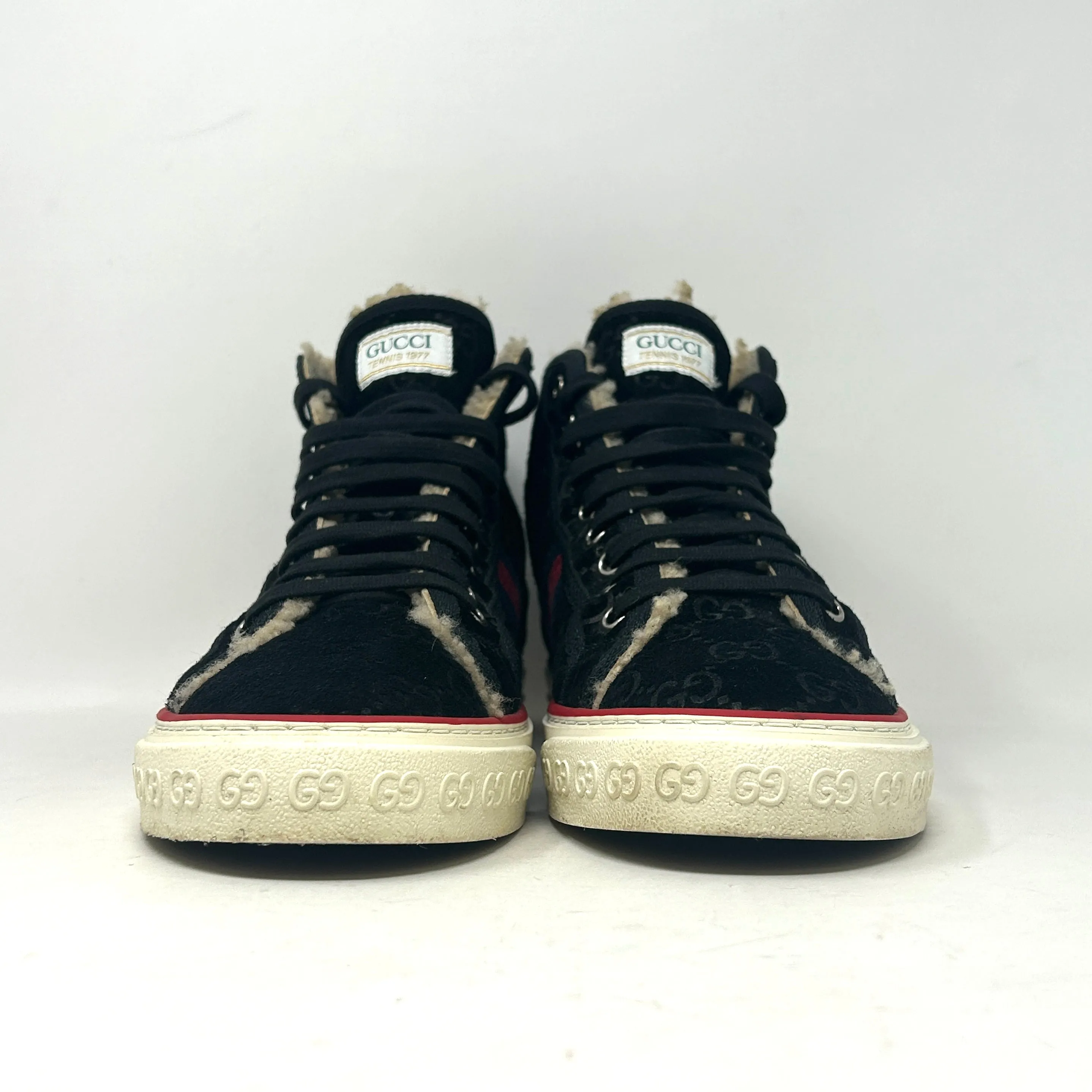 Gucci Tennis 1977 Mens Black Suede Monogram Shearling High Sneakers Boots 40.5 UK 6.5