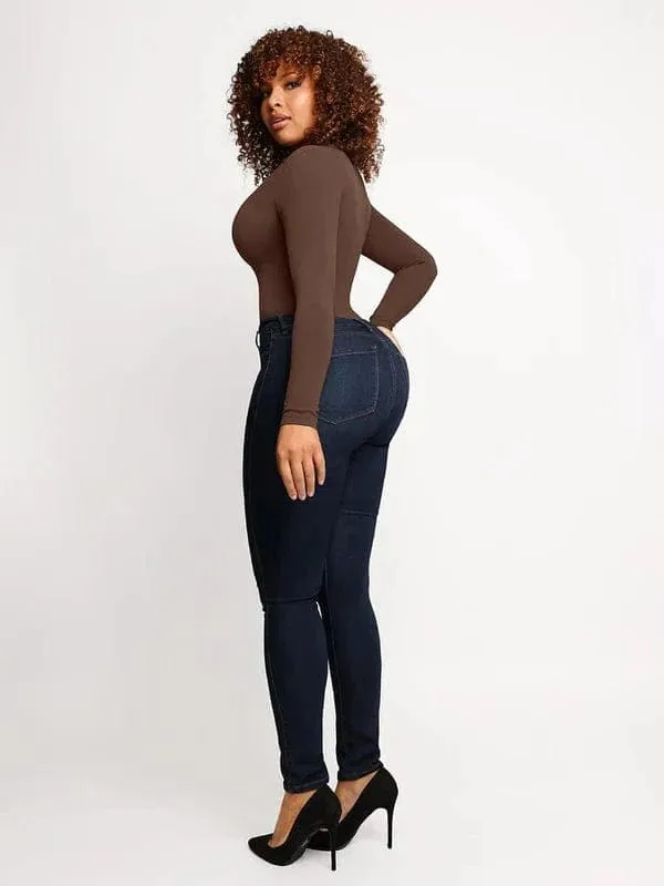 High Compression Scoop Neck Long Sleeve Thong Shapewear Bodysuit