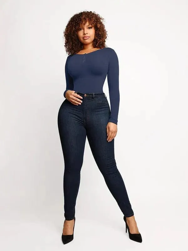High Compression Scoop Neck Long Sleeve Thong Shapewear Bodysuit