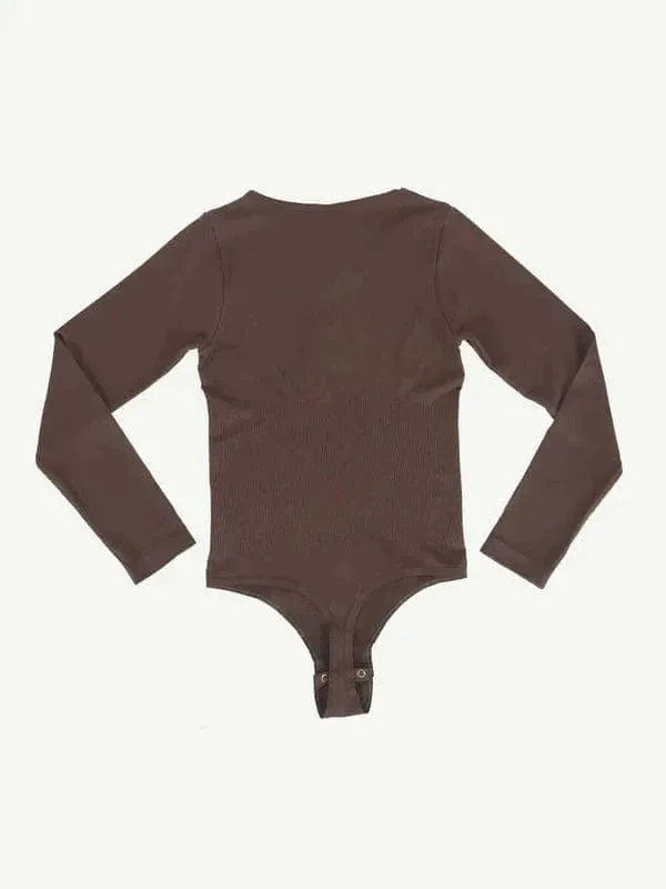 High Compression Scoop Neck Long Sleeve Thong Shapewear Bodysuit