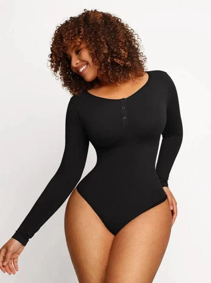 High Compression Scoop Neck Long Sleeve Thong Shapewear Bodysuit