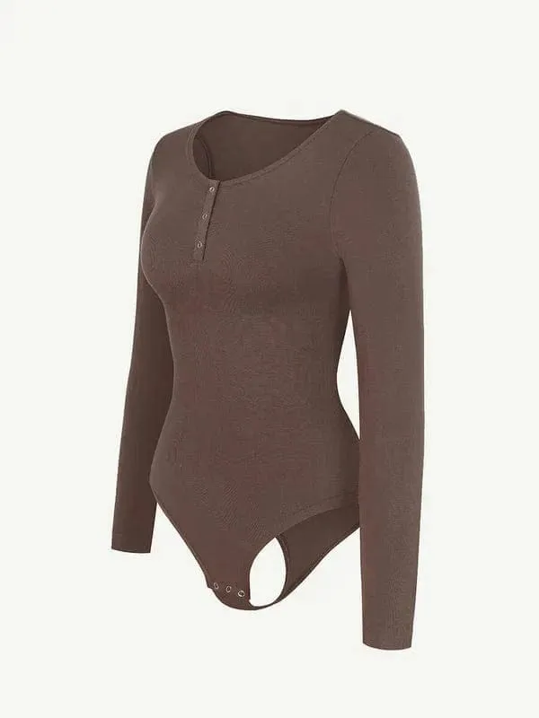 High Compression Scoop Neck Long Sleeve Thong Shapewear Bodysuit
