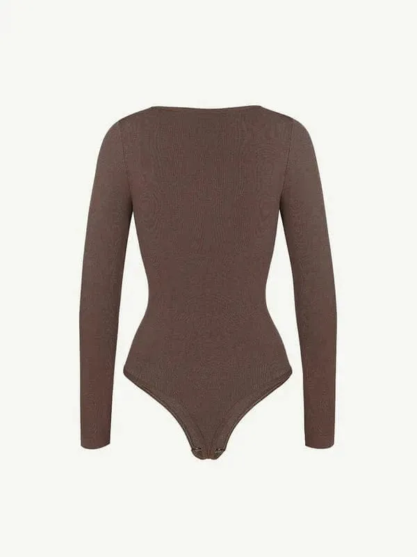 High Compression Scoop Neck Long Sleeve Thong Shapewear Bodysuit