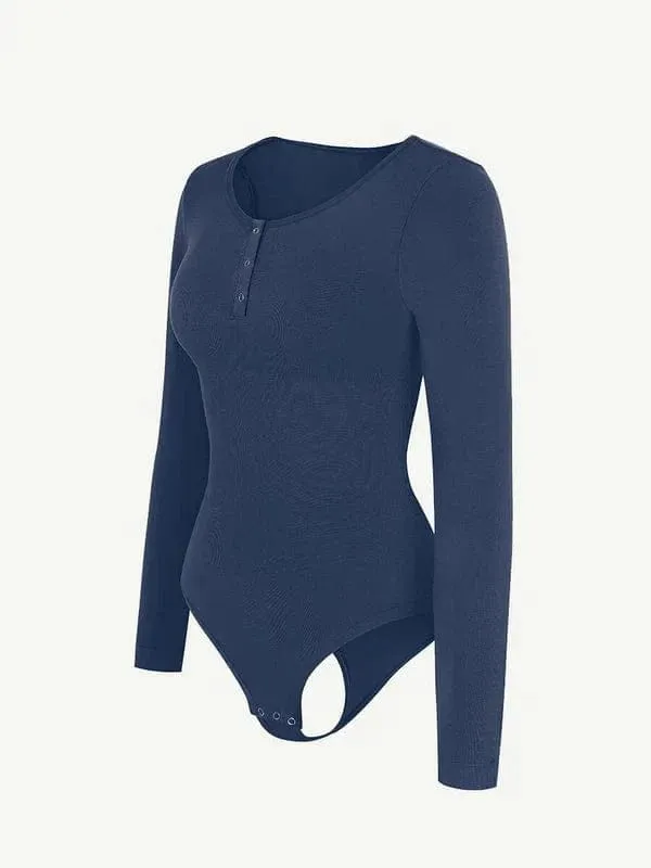 High Compression Scoop Neck Long Sleeve Thong Shapewear Bodysuit