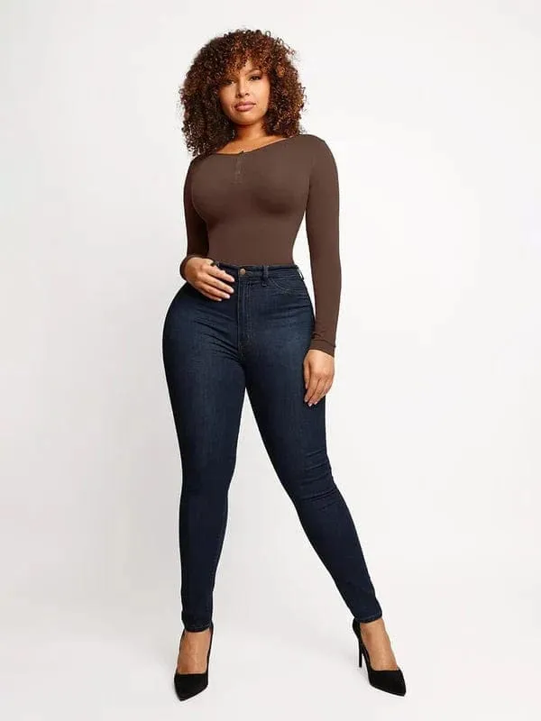 High Compression Scoop Neck Long Sleeve Thong Shapewear Bodysuit