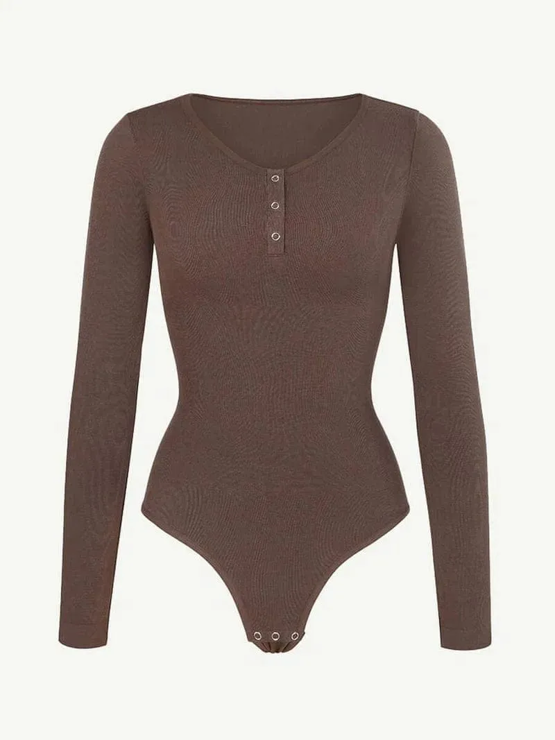 High Compression Scoop Neck Long Sleeve Thong Shapewear Bodysuit