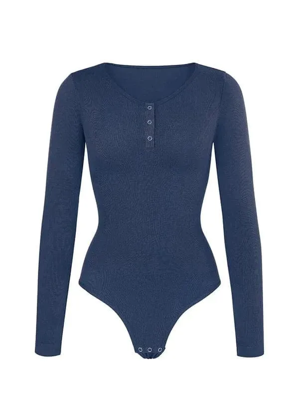 High Compression Scoop Neck Long Sleeve Thong Shapewear Bodysuit