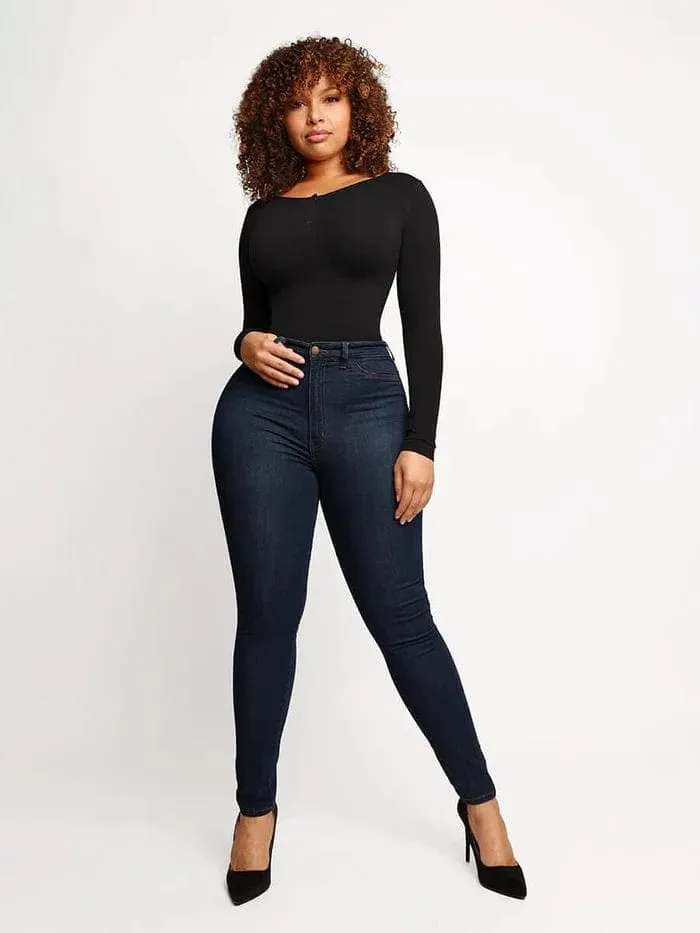 High Compression Scoop Neck Long Sleeve Thong Shapewear Bodysuit