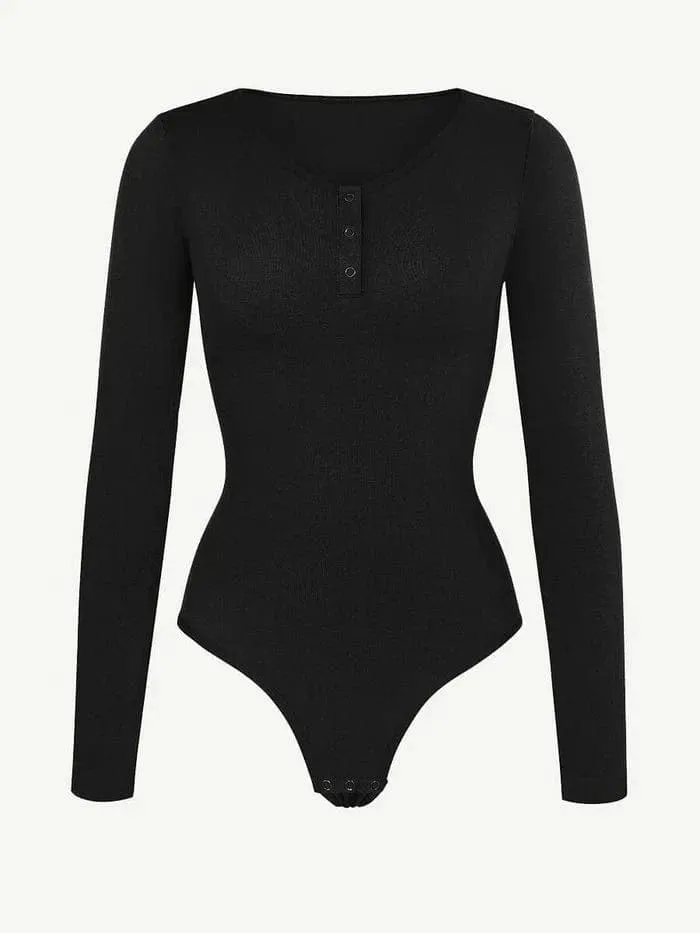 High Compression Scoop Neck Long Sleeve Thong Shapewear Bodysuit
