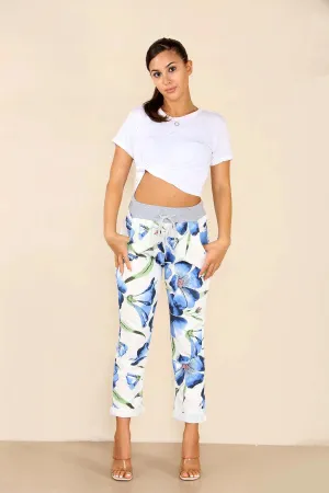 Italian Floral Print Drawstring Cotton Joggers