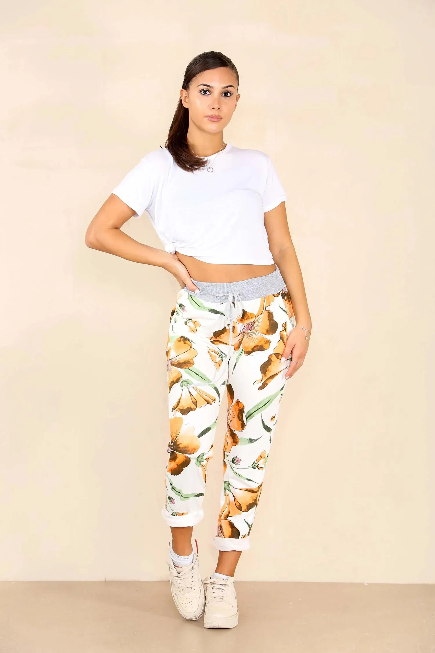 Italian Floral Print Drawstring Cotton Joggers