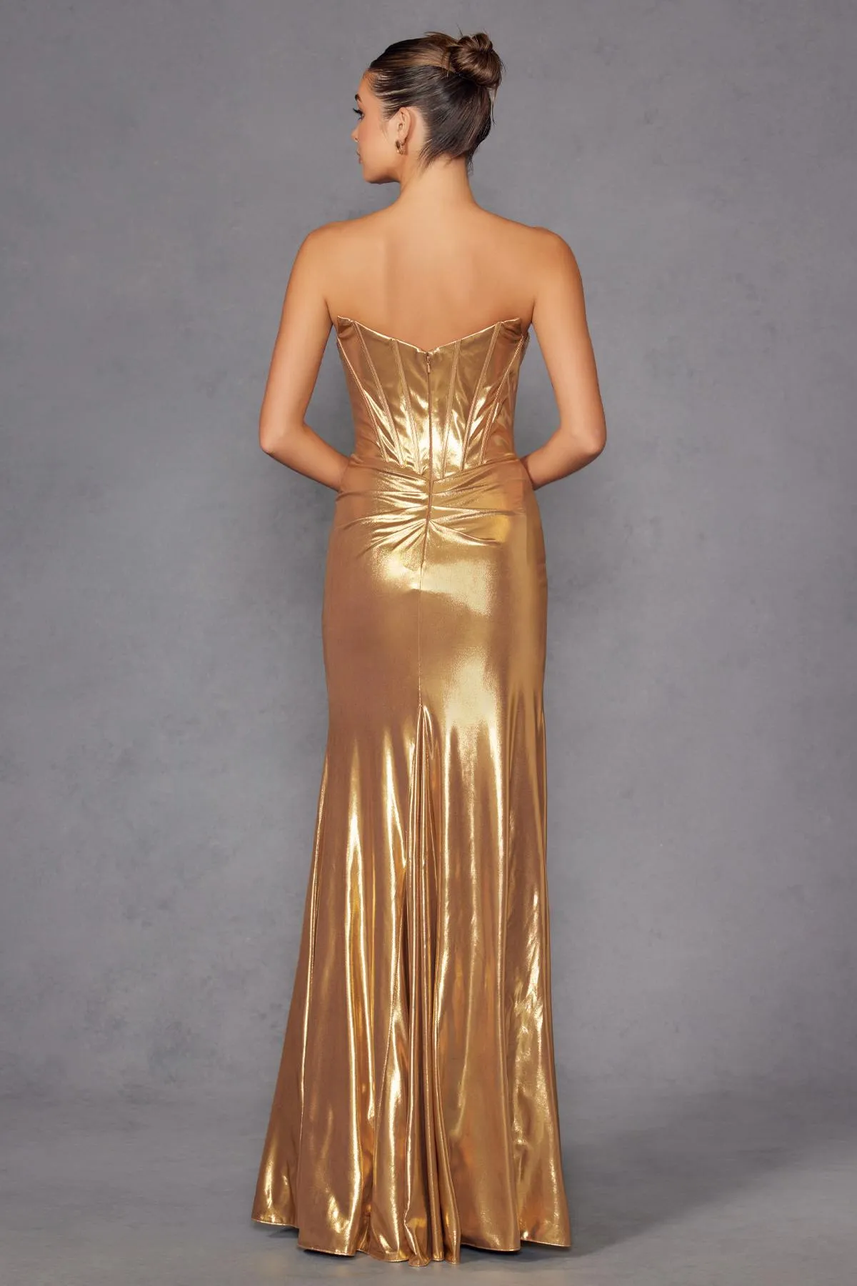 Juliet JT2500A Strapless Fitted Metallic Formal Gown