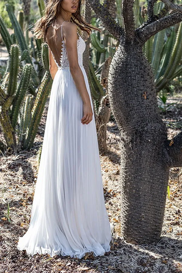 Lace Deep V Halter Chiffon Dress White Wedding Dress