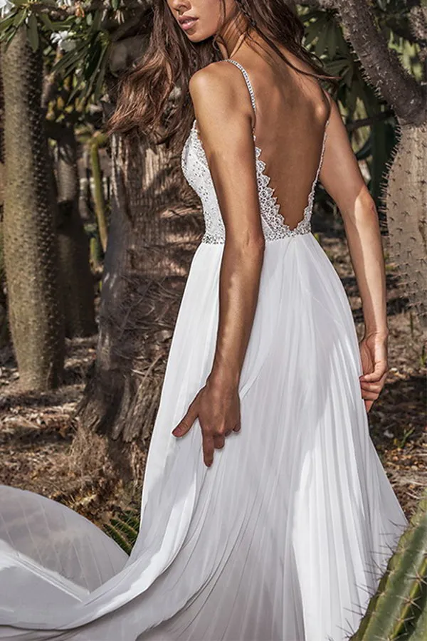 Lace Deep V Halter Chiffon Dress White Wedding Dress