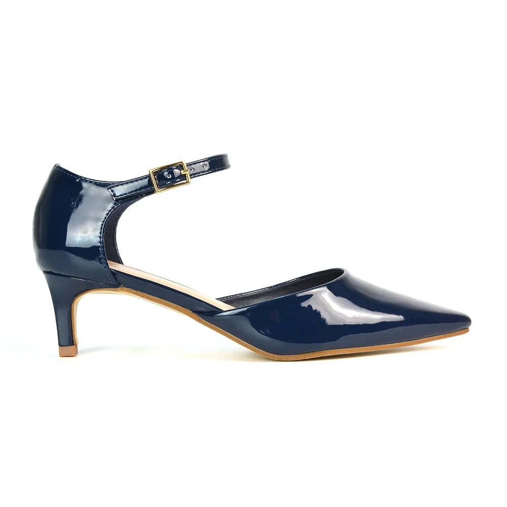 Lacey Kitten Low Heel Ankle Strap Pointed Toe Shoes in Black Synthetic Leather