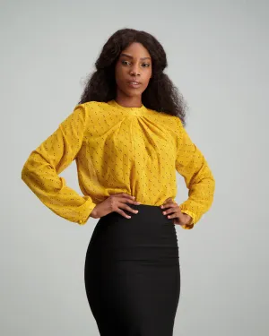 Ladies High Neck Spot Print Blouse - Mustard