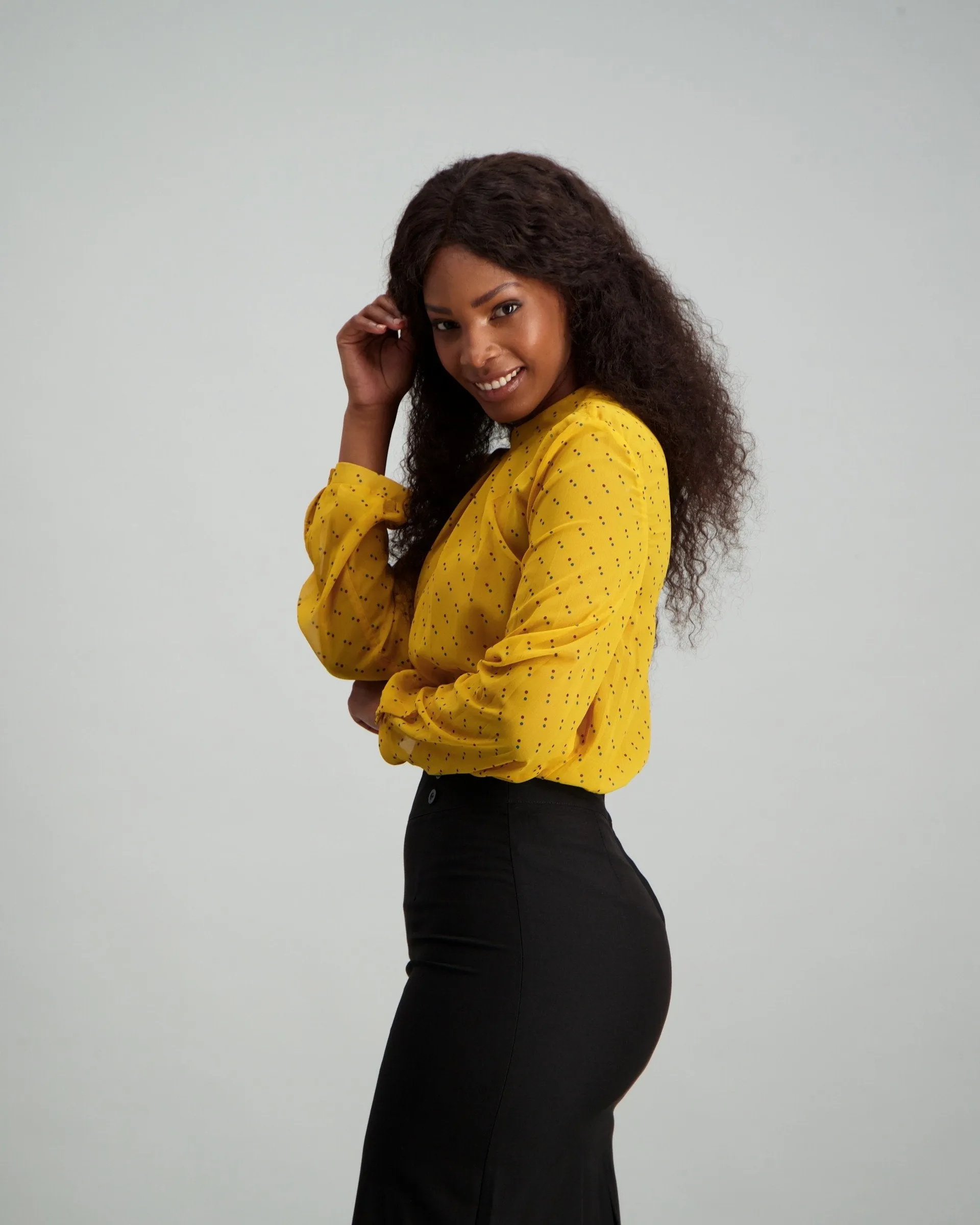 Ladies High Neck Spot Print Blouse - Mustard