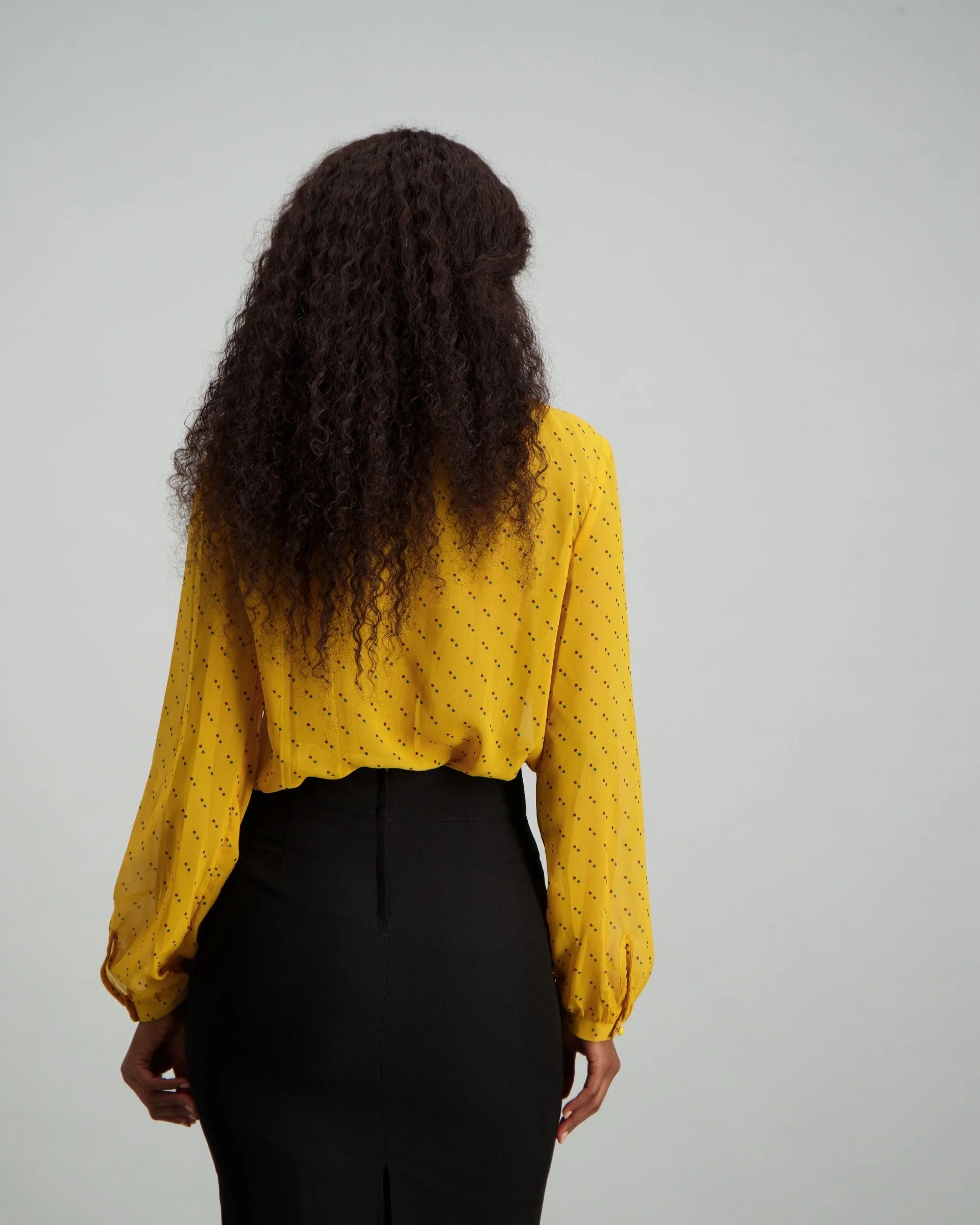 Ladies High Neck Spot Print Blouse - Mustard