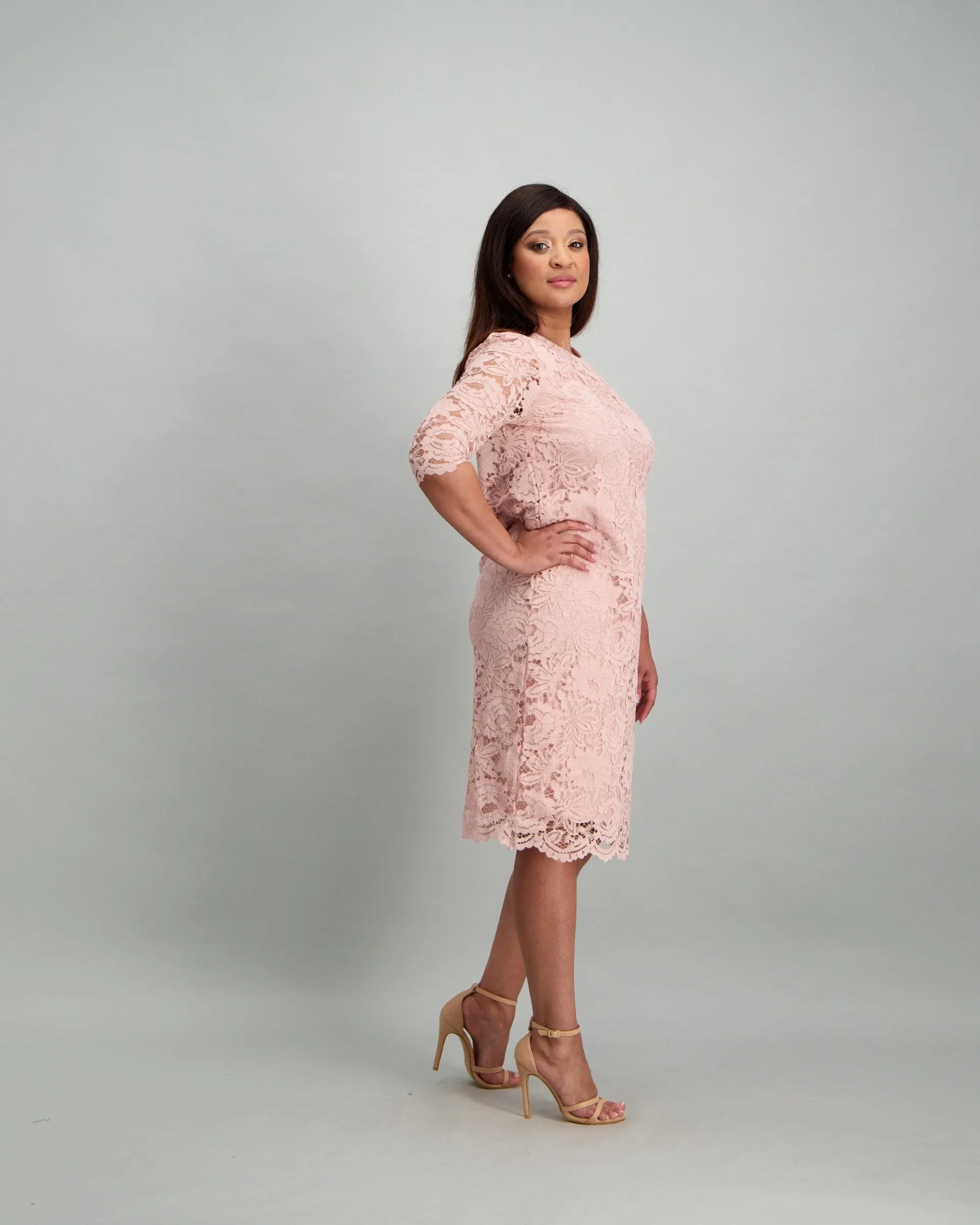 Ladies Lace Midi Dress - Dusty Pink