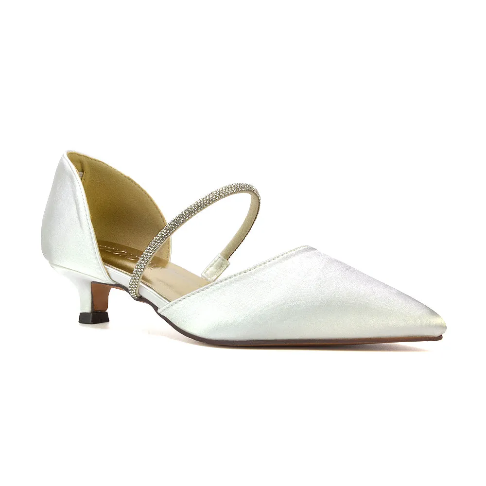 Laura Kitten Heel Diamante Pointed Toe Court Shoes Heels in Ivory