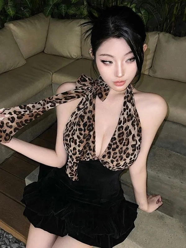Leopard Print V-neck Patchwork Dress