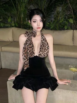 Leopard Print V-neck Patchwork Dress