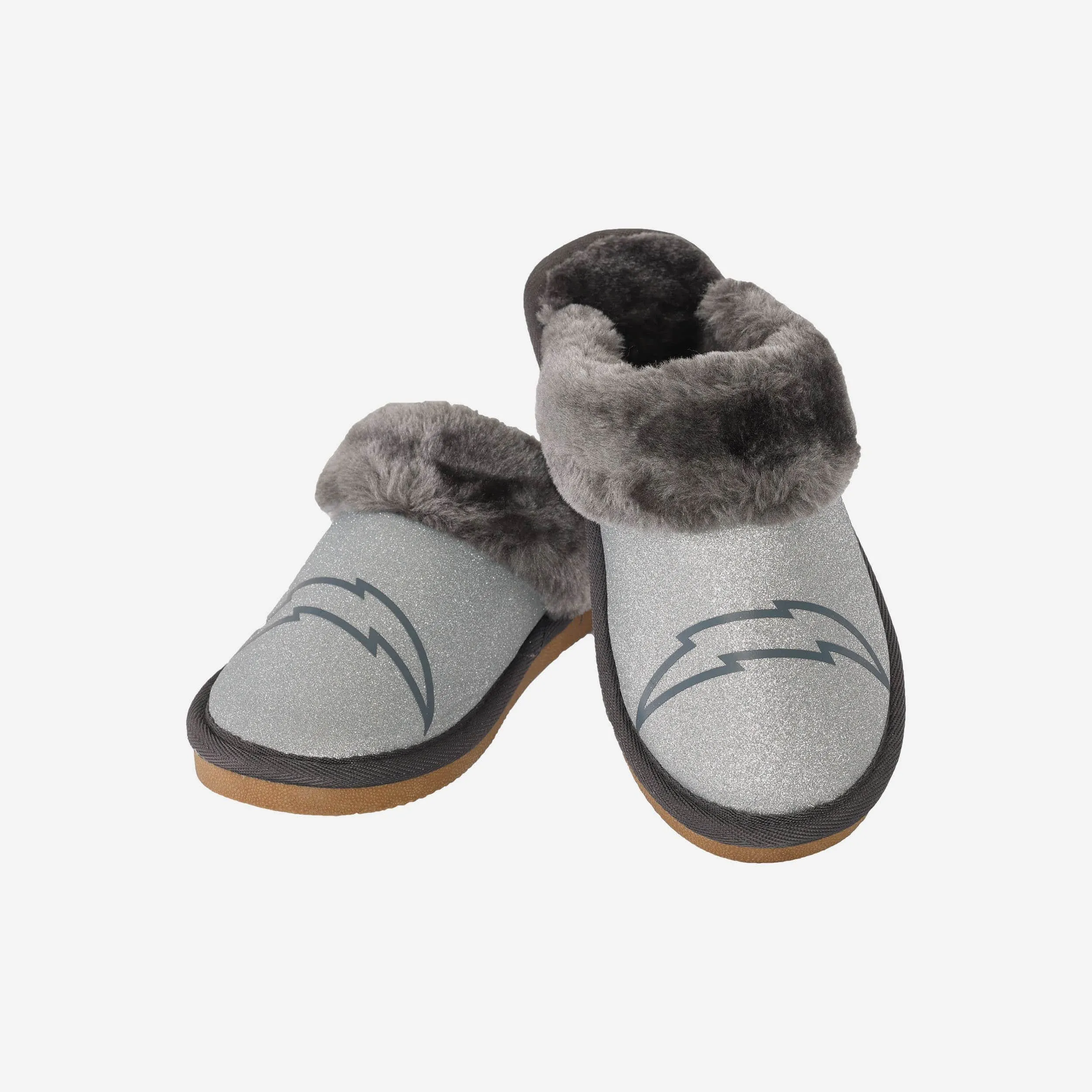 Los Angeles Chargers Womens Glitter Open Back Fur Moccasin Slipper