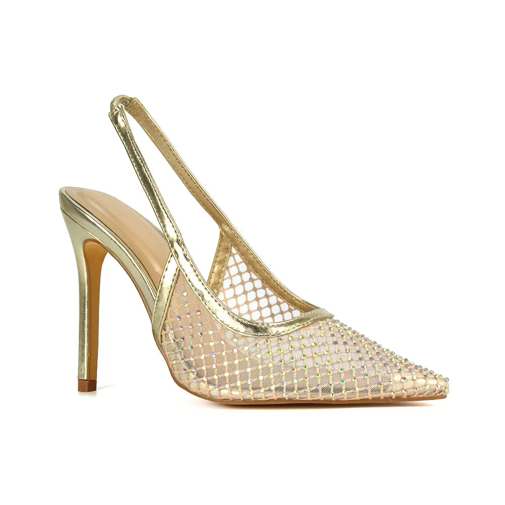 Louise Diamante Mesh Slingback Pointed Toe Stiletto High Heel Court Shoes in Gold