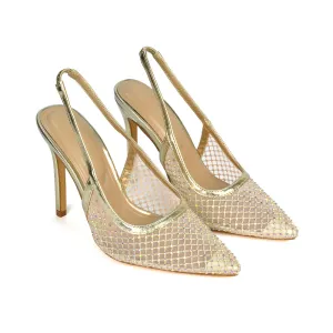 Louise Diamante Mesh Slingback Pointed Toe Stiletto High Heel Court Shoes in Gold