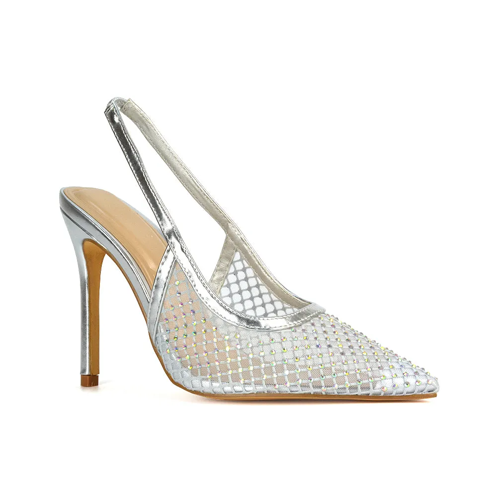 Louise Diamante Mesh Slingback Pointed Toe Stiletto High Heel Court Shoes in Gold