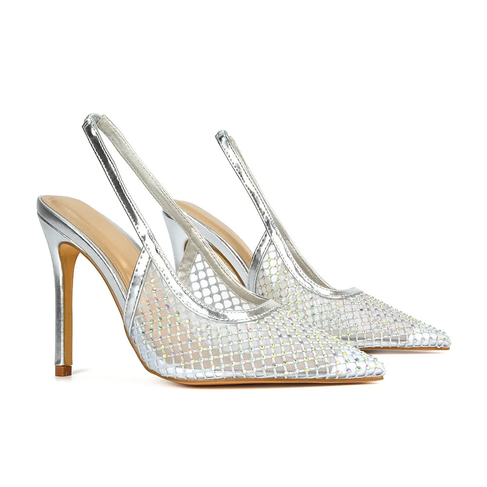 Louise Diamante Mesh Slingback Pointed Toe Stiletto High Heel Court Shoes in Gold