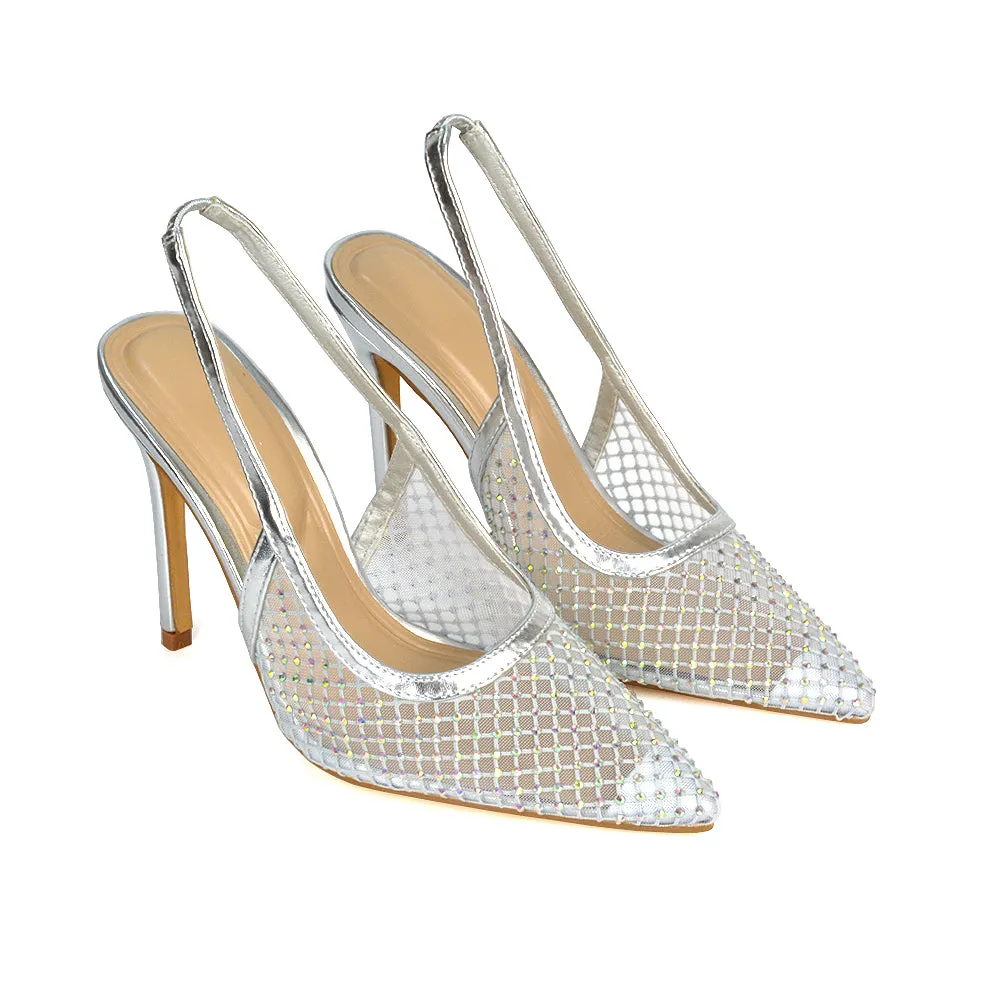 Louise Diamante Mesh Slingback Pointed Toe Stiletto High Heel Court Shoes in Gold