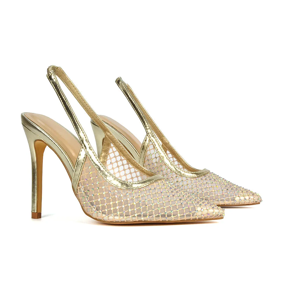 Louise Diamante Mesh Slingback Pointed Toe Stiletto High Heel Court Shoes in Gold