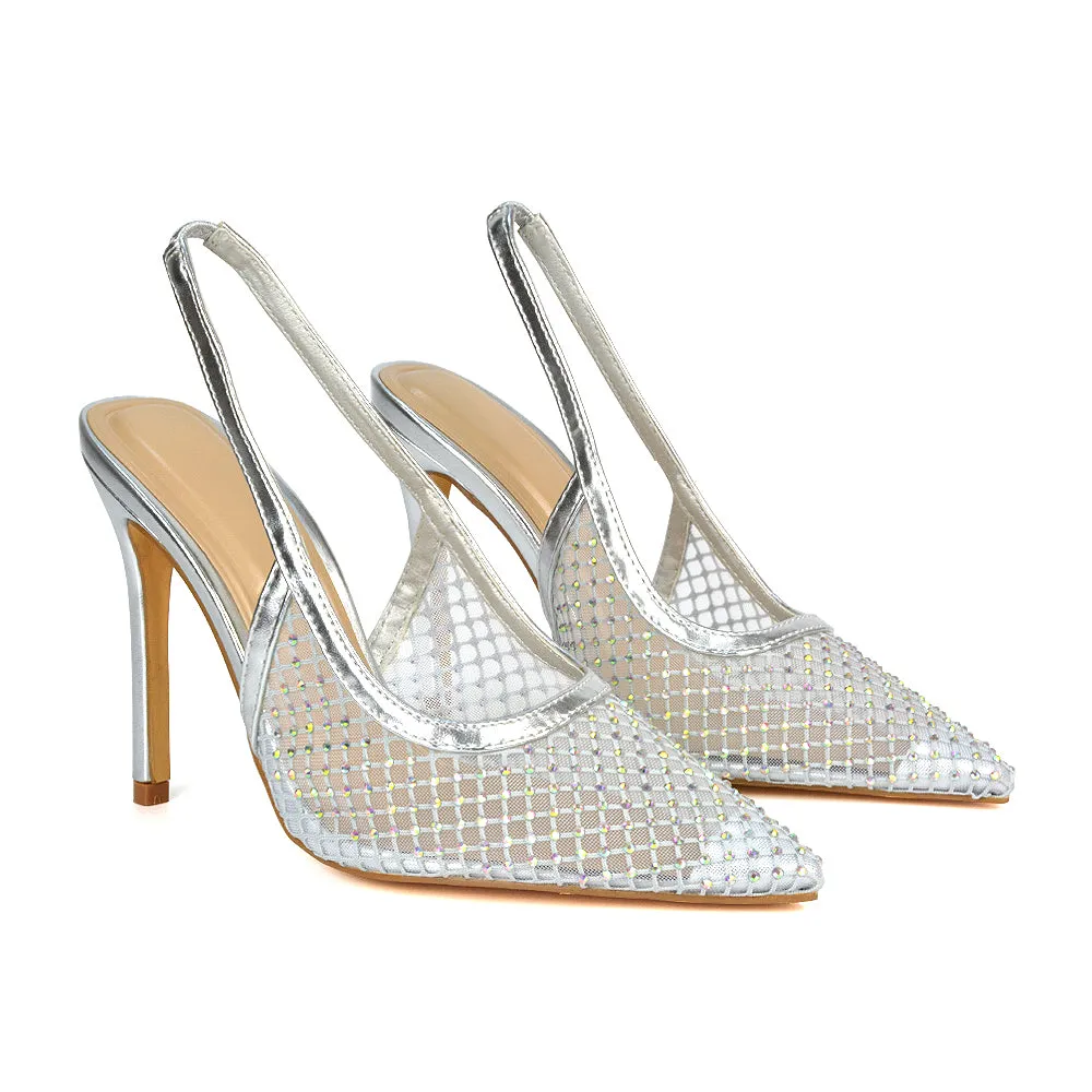Louise Diamante Mesh Slingback Pointed Toe Stiletto High Heel Court Shoes in Gold