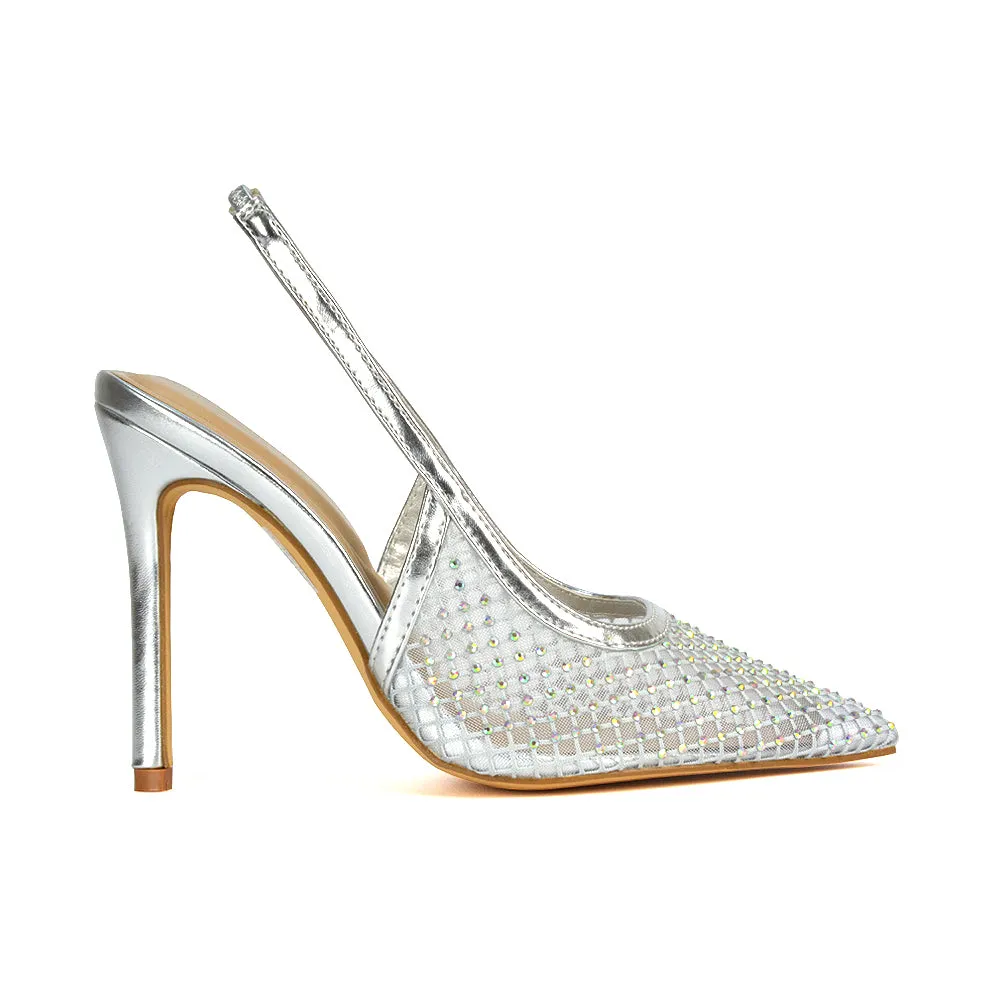 Louise Diamante Mesh Slingback Pointed Toe Stiletto High Heel Court Shoes in Gold