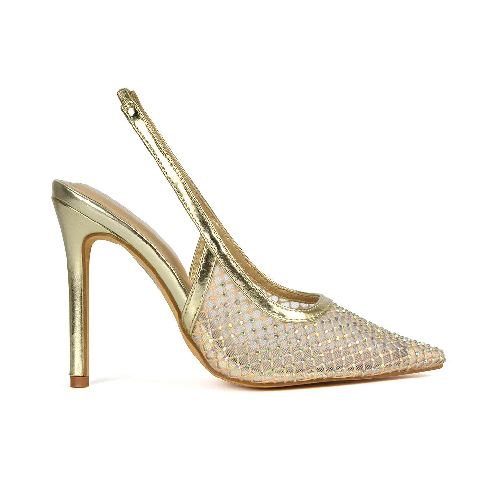 Louise Diamante Mesh Slingback Pointed Toe Stiletto High Heel Court Shoes in Gold