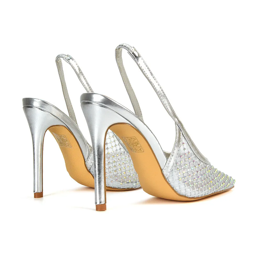 Louise Diamante Mesh Slingback Pointed Toe Stiletto High Heel Court Shoes in Gold
