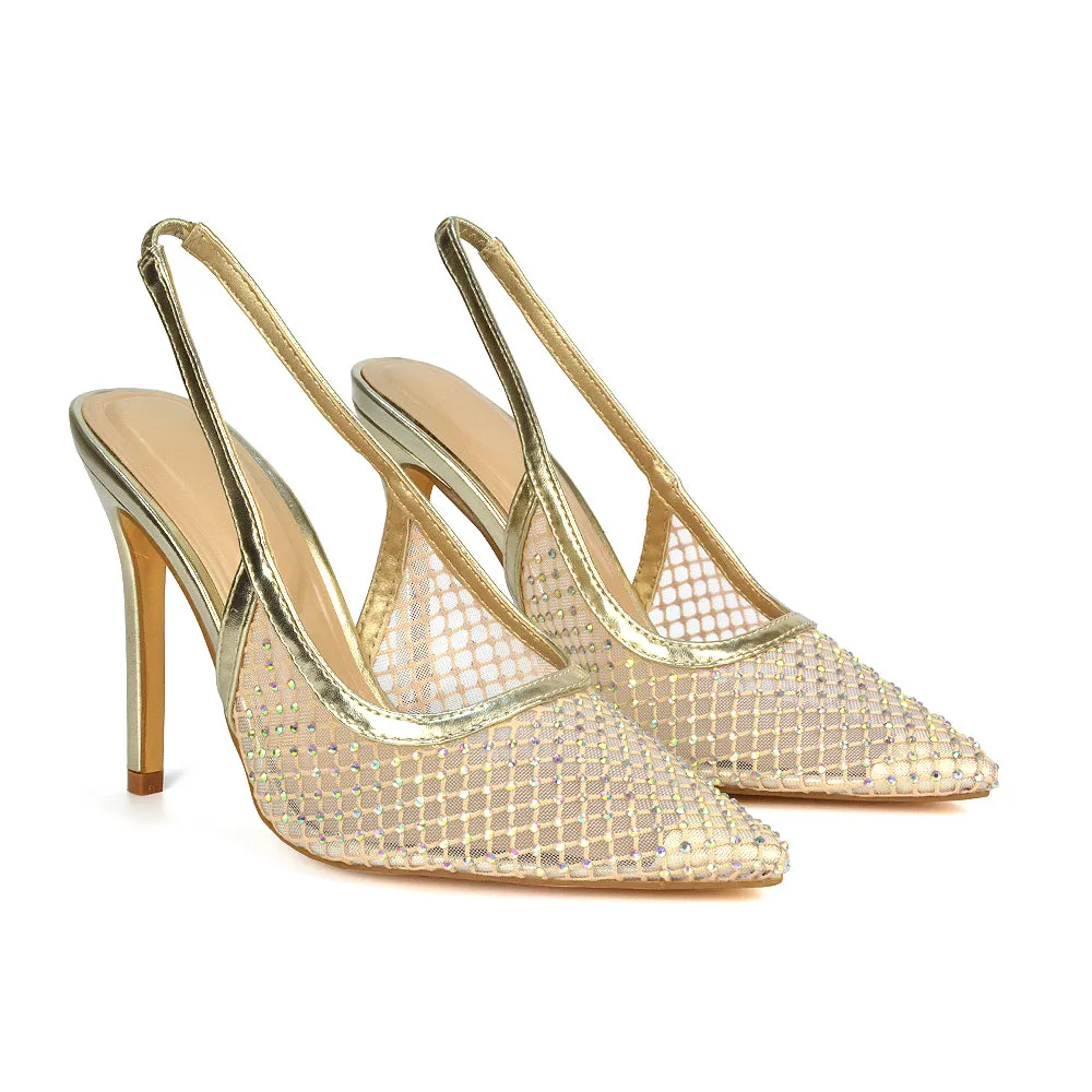 Louise Diamante Mesh Slingback Pointed Toe Stiletto High Heel Court Shoes in Gold