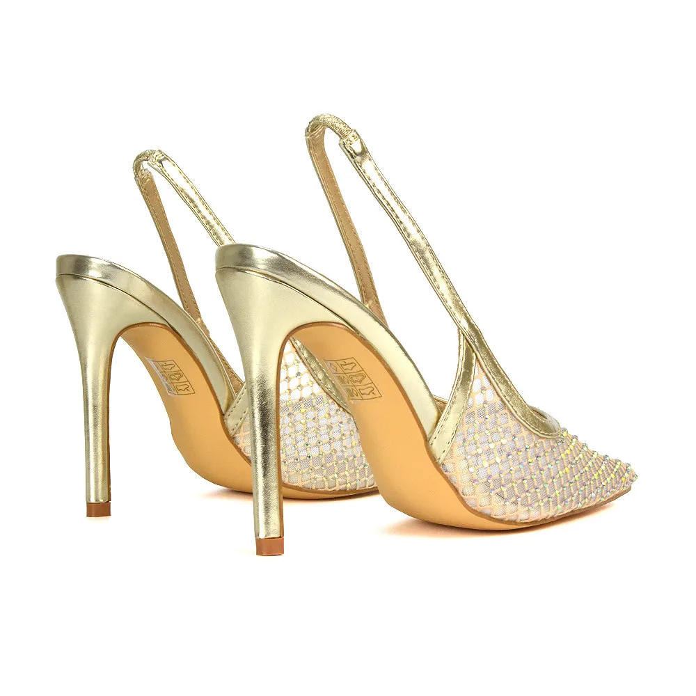 Louise Diamante Mesh Slingback Pointed Toe Stiletto High Heel Court Shoes in Gold