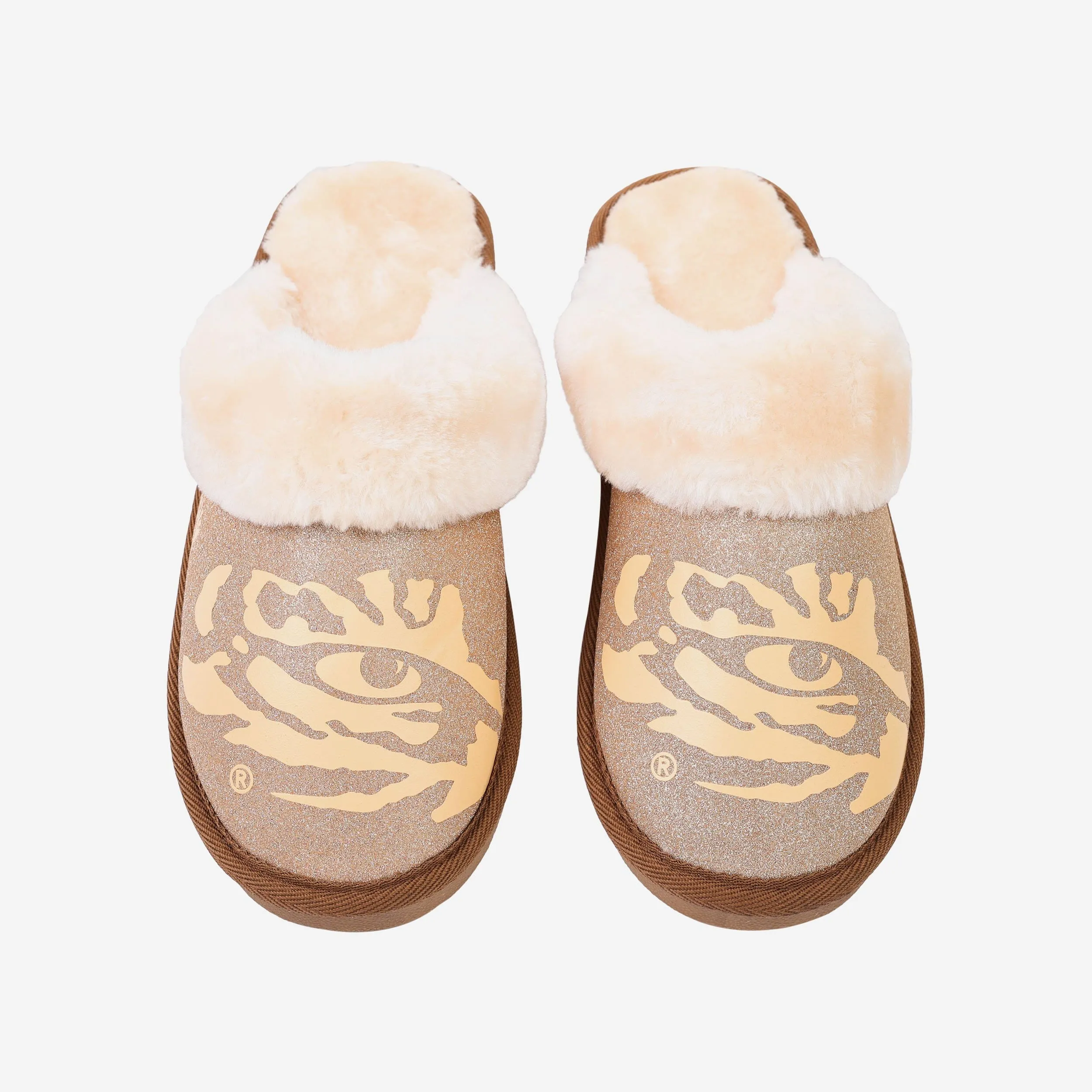 LSU Tigers Womens Glitter Open Back Fur Moccasin Slipper