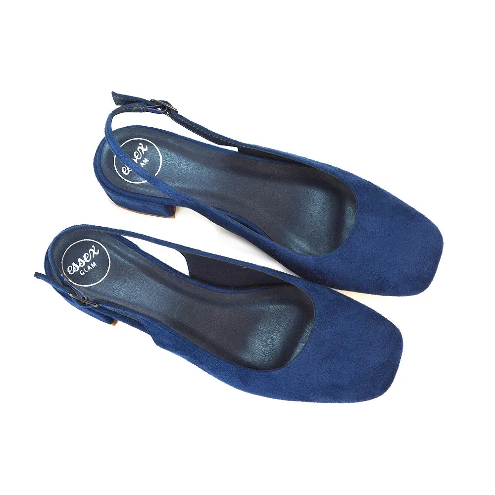 Luna Slingback Closed Square Toe Low Block Heel Shoes in Navy Faux Suede