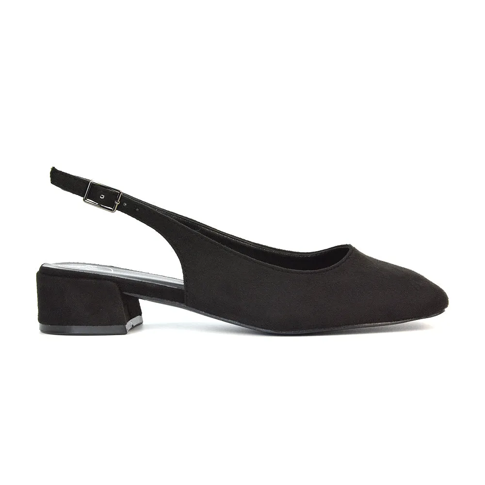 Luna Slingback Closed Square Toe Low Block Heel Shoes in Navy Faux Suede